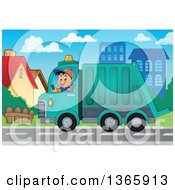 Poster, Art Print Of Cartoon Caucasian Man Driving A Garbage Truck In A Neighborhood