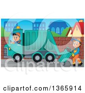 Poster, Art Print Of Cartoon Caucasian Man Driving A Garbage Truck And One Moving A Bin