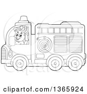 Cartoon Black And White White Male Fireman Driving A Fire Truck