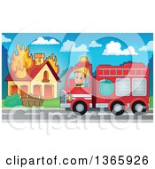 Poster, Art Print Of Cartoon White Male Fireman Driving A Fire Truck To A House Fire