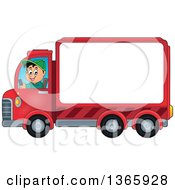 Poster, Art Print Of Cartoon Happy White Man Driving A Delivery Truck With Advertising Space