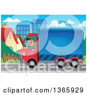Poster, Art Print Of Cartoon Happy White Man Driving A Delivery Truck In A City