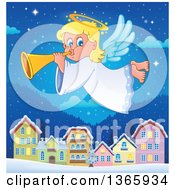 Poster, Art Print Of Happy Blond Female Christmas Angel Blowing A Horn And Flying Over A Village At Night