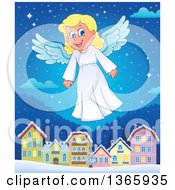 Poster, Art Print Of Happy Blond Female Christmas Angel Flying Over A Village At Night