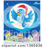 Poster, Art Print Of Cartoon Blue Bird Wearing A Santa Hat And Flying Over A Full Moon And Village At Night