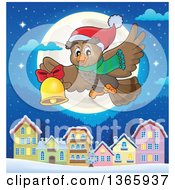 Cartoon Christmas Owl Wearing A Winter Scarf And Hat Flying And Ringing A Bell Against A Full Moon And Village A Tnight