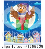 Cartoon Festive Christmas Owl Flying With A Gift Over A Full Moon And Village At Night