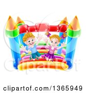 Cartoon Happy Caucasian Boy And Girl Jumping On A Bouncy House Castle