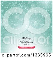 Clipart Of A Merry Christmas And A Happy New Year Greeting Over Green Snowflakes And Flares Royalty Free Vector Illustration