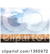 Poster, Art Print Of 3d Wooden Deck Or Table With A Blurred View Of A Winter Landscape
