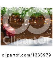 Poster, Art Print Of Background Of Suspended 3d Red Christmas Bauble Ornaments Over Wood Snow And Snowflakes