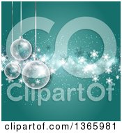 Poster, Art Print Of Christmas Background Of 3d Transparent Glass Bauble Ornaments Over Snowflakes On Green