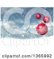 Clipart Of A Background Of Suspended 3d Red Christmas Bauble Ornaments Over A Blurred Snowy Winter Landscape Royalty Free Illustration