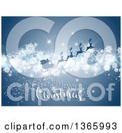Clipart Of A Merry Christmas Greeting With Santas Silhouetted Sleigh Flying Over Blue With Snowflakes Royalty Free Vector Illustration