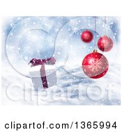 Poster, Art Print Of Background Of Suspended 3d Red Christmas Bauble Ornaments Over A Snowy Landscape And Gift