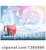 Poster, Art Print Of 3d Hot Cup Of Coffee On A Wood Table Over A Snowy Landscape