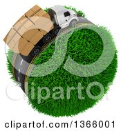 Poster, Art Print Of 3d Roadway With A Big Rig Truck Transporting Boxes Driving Around A Grassy Planet On White