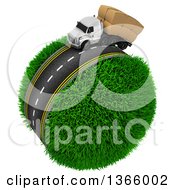 Poster, Art Print Of 3d Roadway With A Big Rig Truck Transporting Boxes Driving Around A Grassy Planet On White