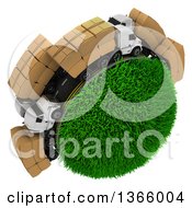 Poster, Art Print Of 3d Roadway With Big Rig Trucks Transporting Boxes Driving Around A Grassy Planet On White