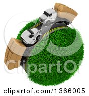 Clipart Of A 3d Roadway With Big Rig Trucks Transporting Boxes Driving Around A Grassy Planet On White Royalty Free Illustration