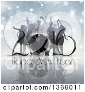 Poster, Art Print Of 3d Clock In A Happy New Year 2016 Greeting Over Silhouetted People Dancing Snowflakes And Flares
