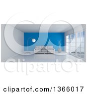 Poster, Art Print Of 3d White Room Interior With Floor To Ceiling Windows A Blue Feature Wall And Furniture