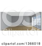 Poster, Art Print Of 3d Empty Room Interior With Floor To Ceiling Windows Wooden Flooring And A Gray Feature Wall