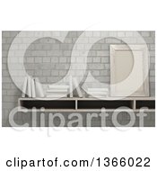 Clipart Of A 3d Shelf With A Frame And Books Against Bricks Royalty Free Illustration