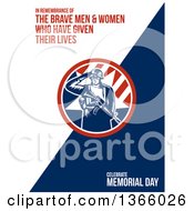 Poster, Art Print Of Retro Woodcut Saluting Soldier Holding A Rifle And Saluting With In Remembrance Of The Brave Men And Women Who Have Given Their Lives Celebrate Memorial Day Text On White And Blue