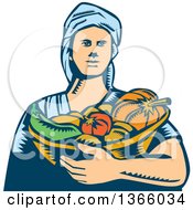 Retro Woodcut White Female Farmer Holding A Basket Of Harvest Vegetables
