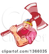 Clipart Of A Retro Woodcut White Male Lumberjack Holding An Axe Over His Shoulder Royalty Free Vector Illustration