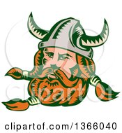 Retro Woodcut Viking Norseman Warrior With A Long Beard And Horned Helmet