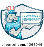 Poster, Art Print Of Retro Cartoon Donkey Wearing A Top Hat And Holding A Vote Democrat Sign In A Shield
