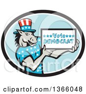 Poster, Art Print Of Retro Cartoon Donkey Wearing A Top Hat And Holding A Vote Democrat Sign In An Oval