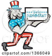 Poster, Art Print Of Retro Cartoon Donkey Wearing A Top Hat Kneeling And Holding A Vote Democrat Sign