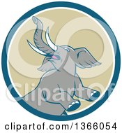 Poster, Art Print Of Retro Cartoon Prancing And Rearing Elephant In A Blue White And Tan Circle