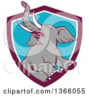 Poster, Art Print Of Cartoon Prancing And Rearing Elephant In A Purple White And Blue Shield