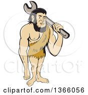 Clipart Of A Cartoon Caveman Mechanic Holding A Giant Spanner Wrench Over His Shoulder Royalty Free Vector Illustration