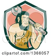 Poster, Art Print Of Retro Cartoon Caveman Mechanic Holding A Giant Spanner Wrench Over His Shoulder In A Shield