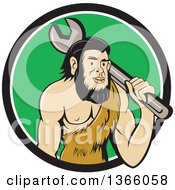 Poster, Art Print Of Cartoon Caveman Mechanic Holding A Giant Spanner Wrench Over His Shoulder In A Black White And Green Circle