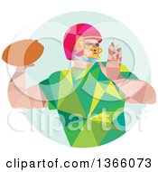 Clipart Of A Retro Low Polygon Style American Football Player Throwing Over A Pastel Green Circle Royalty Free Vector Illustration