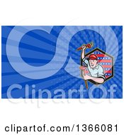 Clipart Of A Cartoon Plumber With A Monkey Wrench And Plunger Over A Patriotic Hexagon And Blue Rays Background Or Business Card Design Royalty Free Illustration