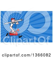 Poster, Art Print Of Cartoon Plumber Worker Running With A Pipe And Tool Box And Blue Rays Background Or Business Card Design