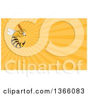 Cartoon Killer Bee Baseball Player Mascot Batting And Orange Rays Background Or Business Card Design