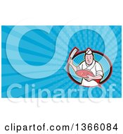 Japanese Fishmonger Or Sushi Chef Holding A Fish And Knife In A Ray Oval And Blue Rays Background Or Business Card Design
