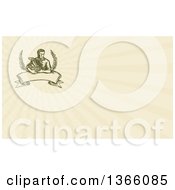 Poster, Art Print Of Sketched Or Engraved Farmer Holding A Harvest Basket With Branches Over A Banner And Tan Rays Background Or Business Card Design