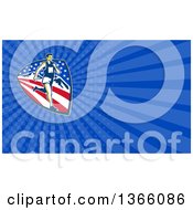 Clipart Of A Retro Marathon Runner Over A Mountain American Stars And Stripes Shield And Blue Rays Background Or Business Card Design Royalty Free Illustration