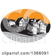 Retro American Mansion House In A Gray And Orange Oval