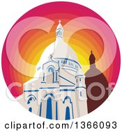 Retro Wpa Style Catholic Church Dome Cathedral In A Gradient Sunset Circle