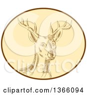 Poster, Art Print Of Retro Sketched Or Engraved Red Stag Deer Buck In A Brown And Tan Oval